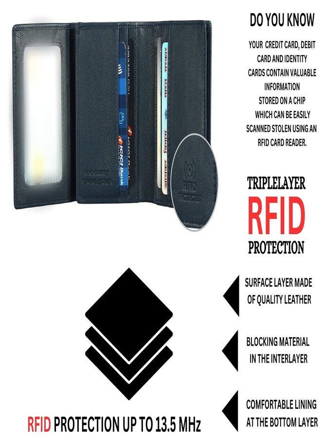 Halsey محفظة هالسي ثلاثية الطي من الجلد للرجال، مزودة بتقنية حماية RFID | خياطة يدوية فائقة المتانة | فتحات للبطاقات | نافذة شفافة لبطاقة الهوية | جيب متعدد للبطاقات | محفظة رجالية (أزرق) - Image 4